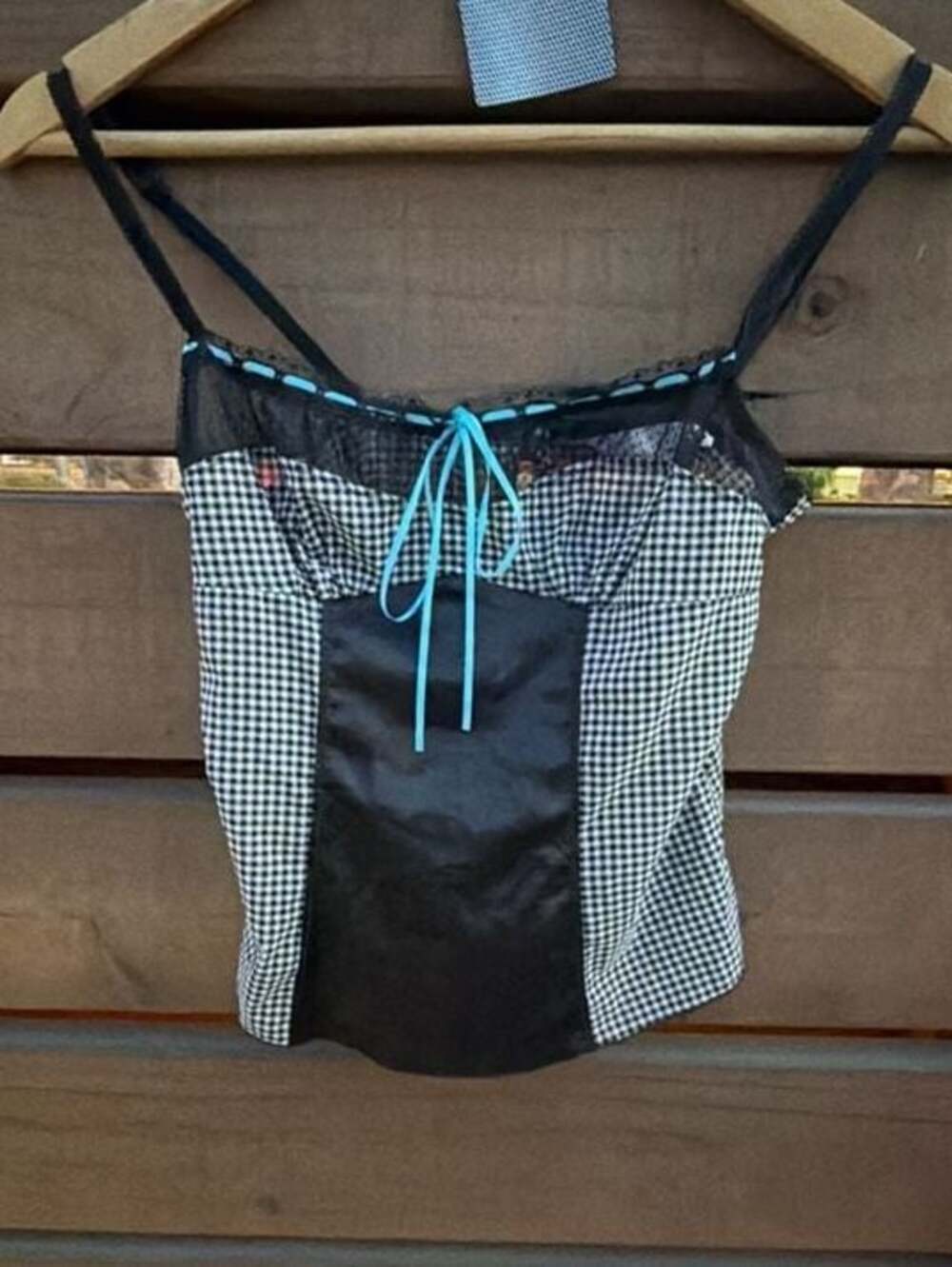 Victoria's Secret Black & White Gingham Camisole Top with Blue Bow Accent Size X